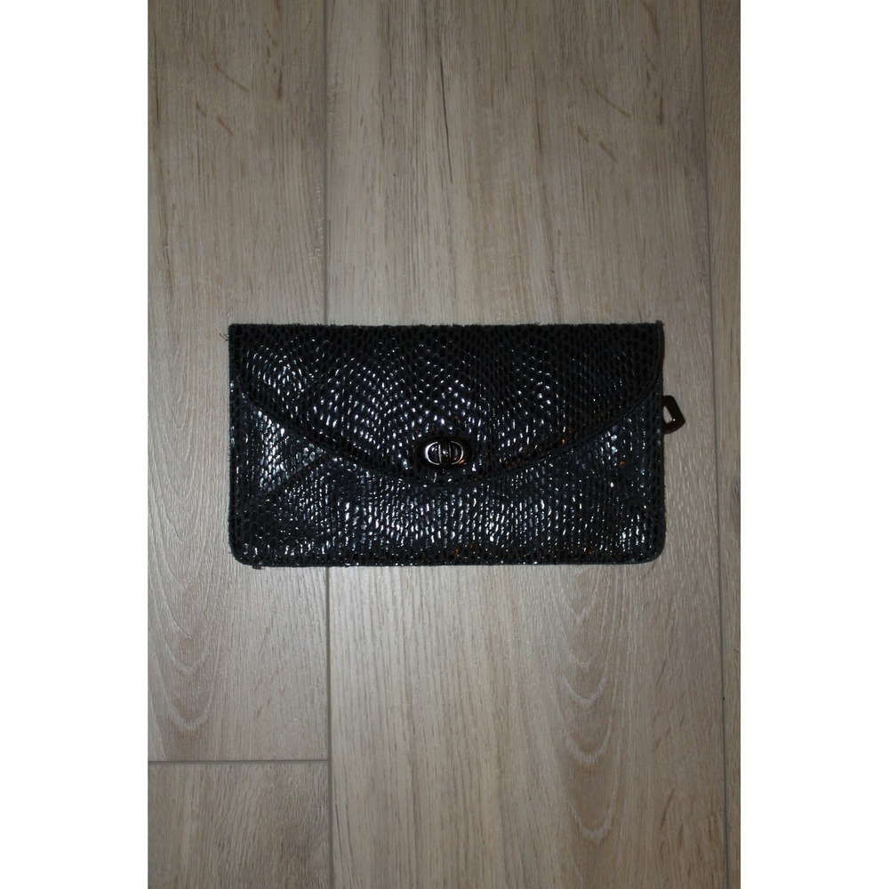 Sorial Black Snakeskin Embossed‎ Leather Envelope Clutch Bag Turnlock Closure